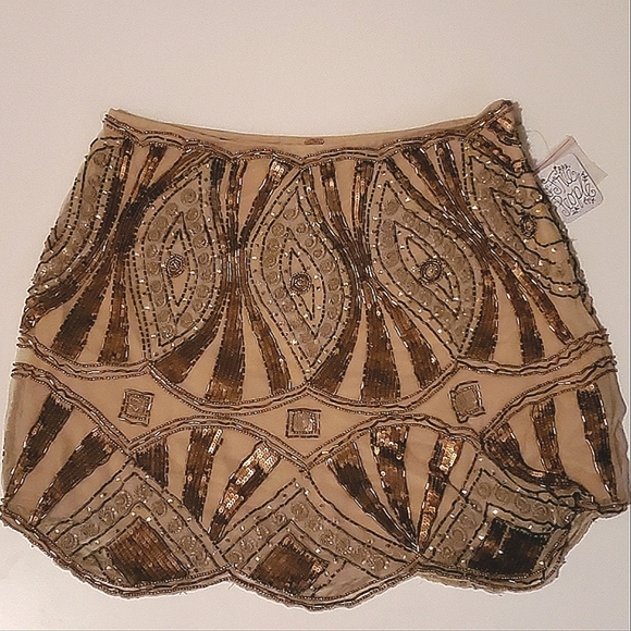 NWT🌺 Free People Formal Boho Gold Sequins  Embellished Mini Skirt 10 - Picture 6 of 9